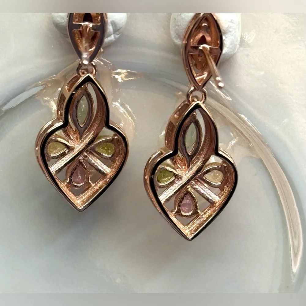 ETR2 2CT Natural Rainbow Tourmaline ART DECO HEART Earrings 18K Rose Gold S925